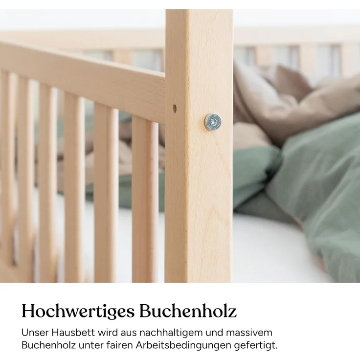 Ehrenkind Hausbett aus massiver Buche in verschiedenen Größen, FSC® zertifiziert (Montessori Kinderbett, Jugendbett aus massivem und nachhaltigem Buchenholz, 90x200), höhenverstellbar – Bild 2