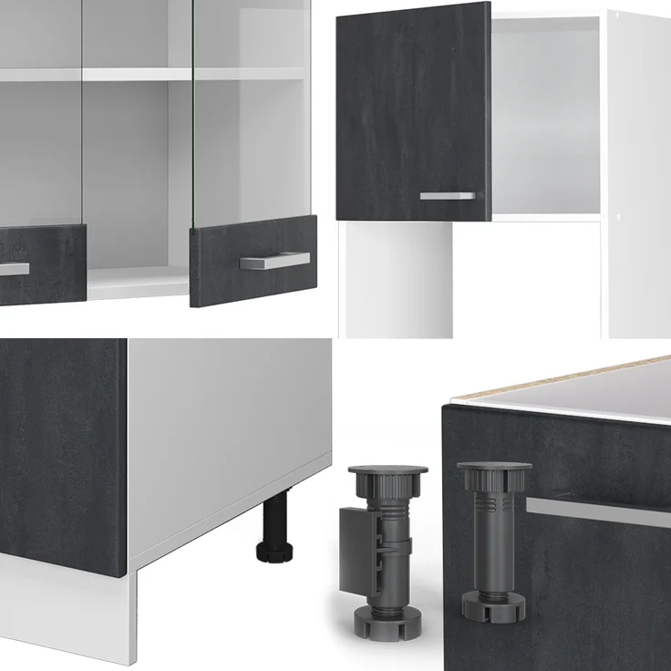 Einbauküche in L-Form R-Line Schwarz Beton/Weiß 247 x 46 cm ohne Arbeitsplatte Vicco – Bild 3