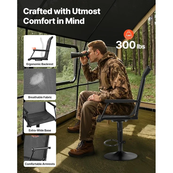 VEVOR Faltstuhl Campingstuhl Anglerstuhl mit gepolsterten Armlehnen, höhenverstellbarer Klappstuhl Gartenstuhl (136 kg belastbar) 360° geräuschlos drehbar, für Picknick Garten Outdoor Angeln – Bild 4