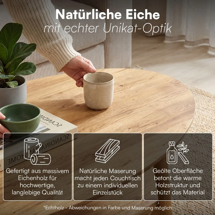 skølm 'Mjölnir' Couchtisch oval, Massivholz Eiche, natur geölt, Wohnzimmertisch 70x110 cm, Beistelltisch für Wohnzimmer mit Ablage – Bild 2