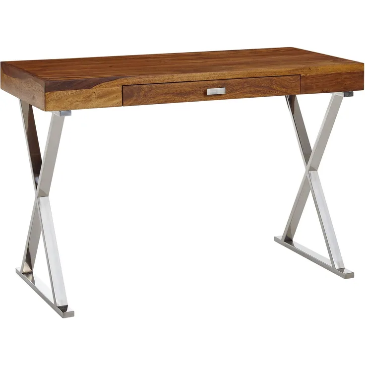 Schreibtisch 120x55x78cm Sheesham Massivholz Metall Chrom mit Schublade HomeOffice