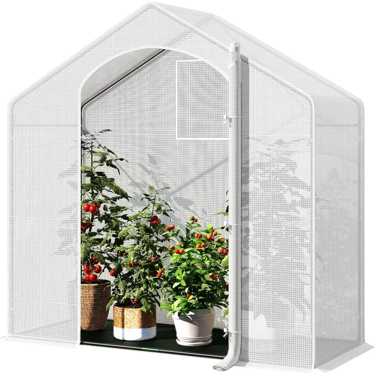 WOLTU Foliengewächshaus Winterfest für Aufzucht Tomaten, 200 x 80 x 200 cm, Weiß | Gewächshaus Folie mit Schwarzer PE-Gewebeboden, Tomatenhaus mit Tür Fenstern, aus Stahlrohr PE