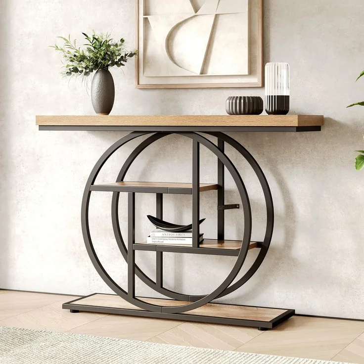 LITTLE TREE Konsolentisch, 4-stöckiger Eingangstisch hinter dem Couchtisch, 104 cm Bauernhaus-Sofatisch für Wohnzimmer, Foyer, Flurtisch für Eingang, Walnuss und Schwarz