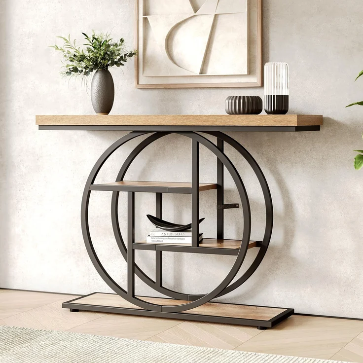 LITTLE TREE Konsolentisch, 4-stöckiger Eingangstisch hinter dem Couchtisch, 104 cm Bauernhaus-Sofatisch für Wohnzimmer, Foyer, Flurtisch für Eingang, Walnuss und Schwarz – Bild 1