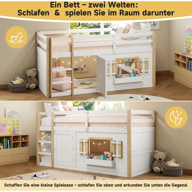 Kinderbett, Etagenbett , Hochbett, multifunktionales Kinderbett mit Leiter, unterbaubar zur Spielfläche, ohne Matratze, weiß,(90 x 200 cm)