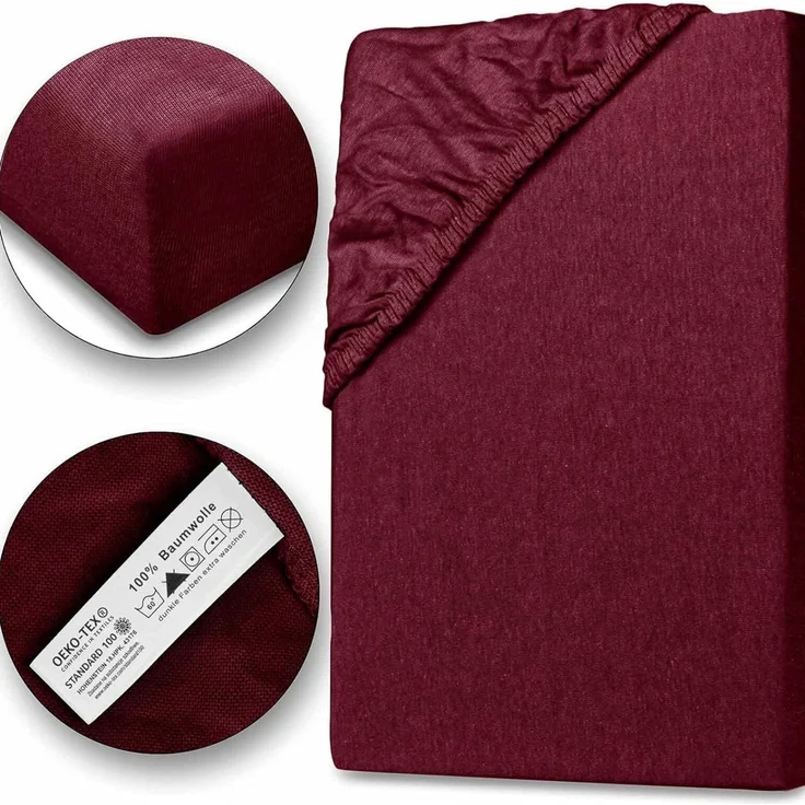 Jersey Spannbettlaken Spannbetttuch 90-100x190-200cm 100% Baumwolle Bordeaux – Bild 1