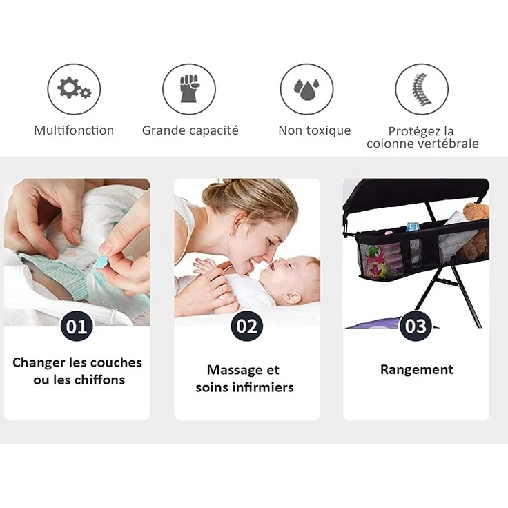 RELOVE Faltbarer Wickeltisch, Tragbar, Aufbewahrung, Sicherheitsgurt, Platzsparend, Stabil, Klappbar, Höhenverstellbar (Schwarz und Weiß) – Bild 3
