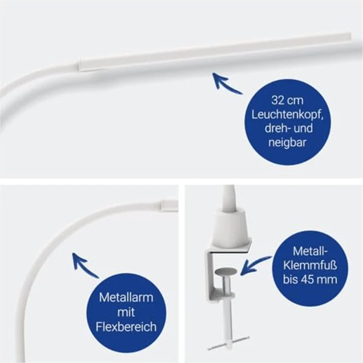 MAUL MAULpirro LED Schreibtischlampe, weiß, 6 W mit Tischklemme und dimmbaren Lichtstufen – Bild 4