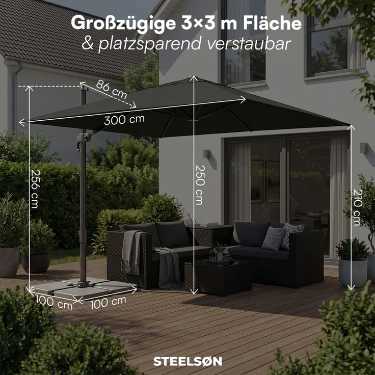 STEELSØN 'Lyrion' Sonnenschirm 300x300 cm quadratisch, neigbar und 360-Grad drehbar, schwarz, Ampelschirm inkl. Abdeckung, UV50+ – Bild 9