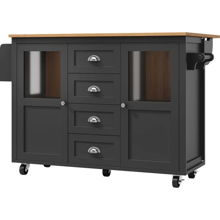 Multifunktionale Kücheninsel Schwarz 137,9×73×92,5 cm, Klapptisch, 4 Schubladen, Glastüren, Handtuch- & Gewürzregale, 92.5cmx137.9cmx45-73cm – Bild 8