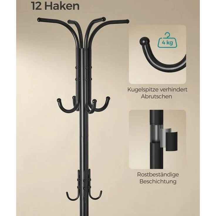 Songmics Kleiderständer freistehend, Garderobenständer mit Regenschirmständer, 12 Haken, Metall, 175 cm hoch, für Eingangsbereich, Flur, Wohnzimmer, Schlafzimmer,tintenschwarz,RCRDE011B01 – Bild 5