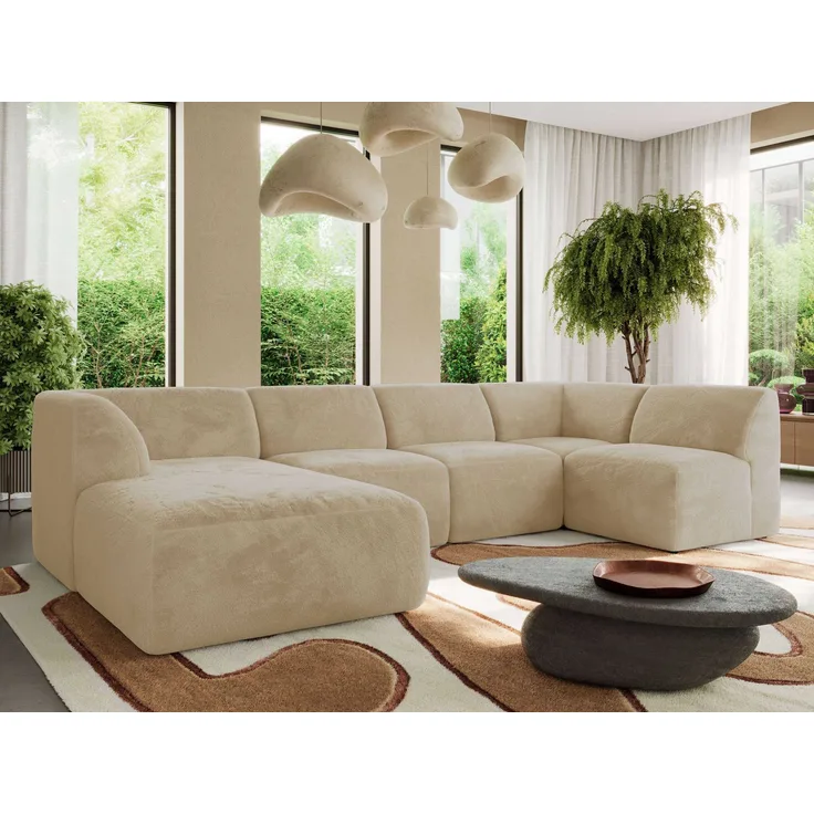 Modulares XXL-Ecksofa MODARO 5M, U-Form, Wohnlandschaft, 5-teilig, freistehend, Wohnzimmer Couch, HR-Schaumstoff - Creme Plüsch - Links