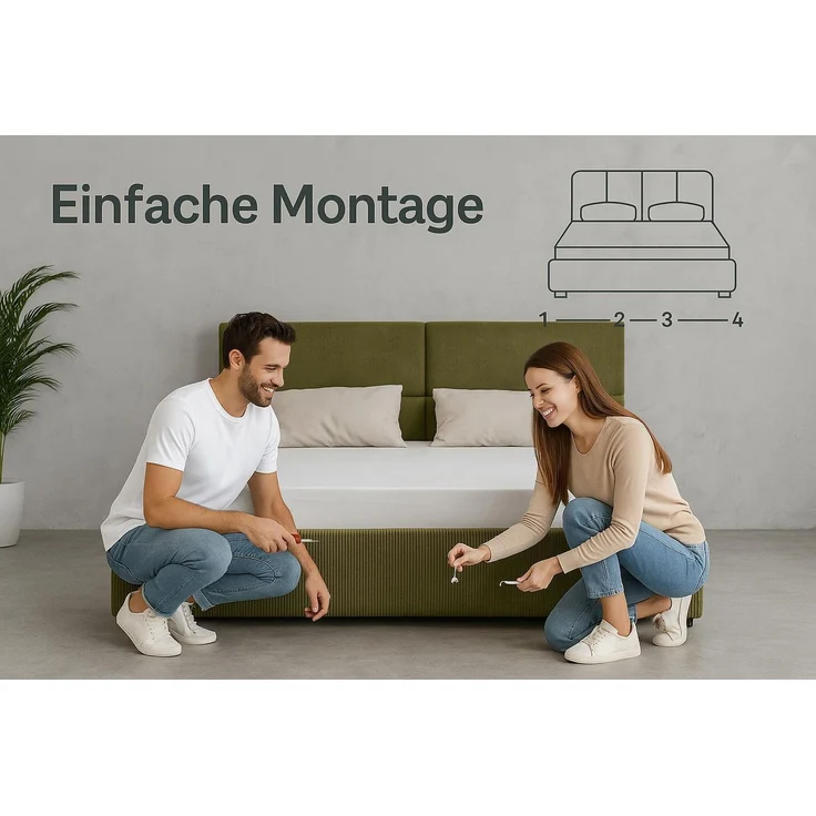 KRISAN MÖBEL Kontinentallbett ASTI Stoff POSO-Cord in Gruen 200 × 200 x 106 cm Bett mit Bettkasten und Topper inklusiv Grün – Bild 10