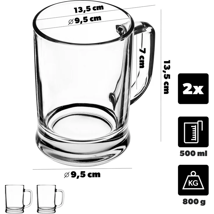 KADAX Bierkrüge 0,5 Liter, 2er Set, Biergläser mit Henkel, großer Bierkrug aus dickwandigem Glas, Bierglas im klassischen Design, stabiler Glaskrug für Bier – Bild 3