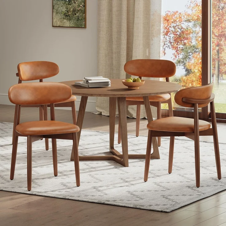 MALOL Stühle Esszimmer 4er Set, Gepolsterte Küchenstühle mit Hochdichtem Schaumstoff, PU-Lederbezug, Ergonomische Rückenlehne, Gummiholzgestell Nussbaum-Optik, für Küche Wohnzimmer Café, Braun