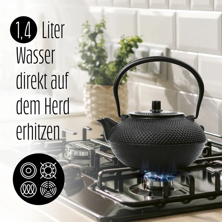 Lumaland Teeservice Set 12-teilig, 1,4 Liter Gusseiserne Teekanne Tetsubin (12-tlg), Bambus/Gusseisen/Edelstahl, Stövchen aus Gusseisen, 4 Teebecher & 4 Untersetzer uvm. – Bild 3