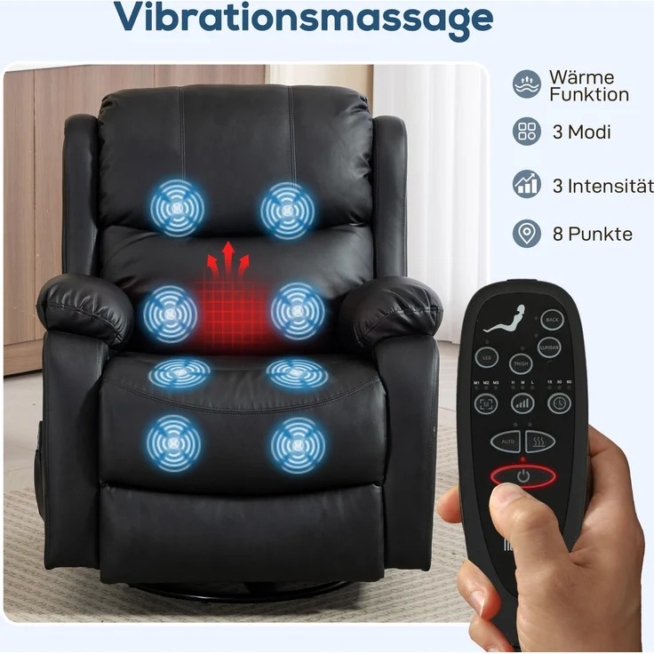 MELAYR, Massagesessel, Wärme- & Liegefunktion, Kunstleder, bis 150kg, 97x92x104cm, Schwarz – Bild 6