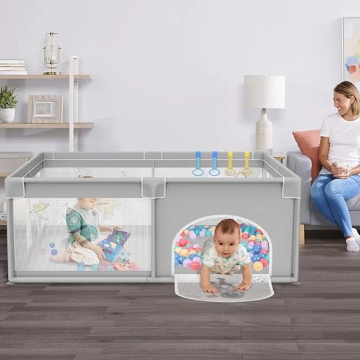 FIVMEN Laufstall 150x180cm Mit 50 Spielbällen, Krabbelgitter und 4 Zugringen - Tragbarer Baby Playpen, Grauer Raumfahrer – Bild 7