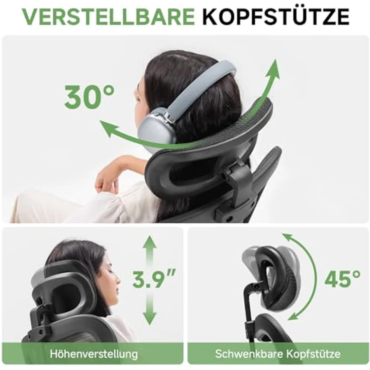 GTPLAYER Bürostuhl Ergonomisch, Schreibtischstuhl mit Verstellbarer Kopfstütze, Armlehnen, Lendenwirbelstütze, Büro Stuhl & Gaming Stuhl Wippfunktion, Chefsessel aus Mesh, 150kg(Schwarz) – Bild 6