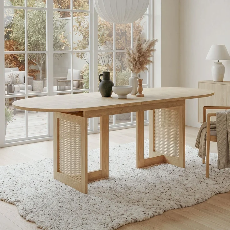 Ausziehbarer Esstisch 150/200 * 90 cm, geeignet für 6–8 Personen,Esstisch mit abgerundeten Ecken, verdickte Tischplatte, ausziehbarer Esstisch im einfachen Stil, Tischbeine aus Rattan, Eichenfarbe – Bild 1