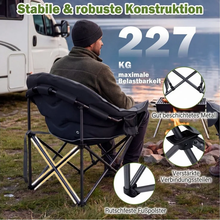 COSTWAY Campingstuhl, Klappstuhl gepolstert XXL mit Getränkehalter, bis 227kg – Bild 2