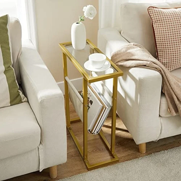 HOOBRO Beistelltisch, Schmaler Betttisch, Schmaler Couchtisch aus gehärtetem Glas, Kompakter Tisch mit Zeitungsständer, Sofatisch für Wohnzimmer, Schlafzimmer, Goldfarben EGD78BZ01 – Bild 5