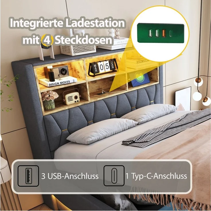 STILVORA Polsterbett 140x200 mit LED-Licht&USB,Jugendbett Doppelbett mit Lattenrost,Grau (mit Hydraulischem Stauraum, APP-gesteuertes LED-Lichtband, USB-Ladeanschluss, Leinenbezug, Platzsparendes Bett mit Stauraum für Bücher und Bettzeug, 140x200 cm), ... – Bild 3