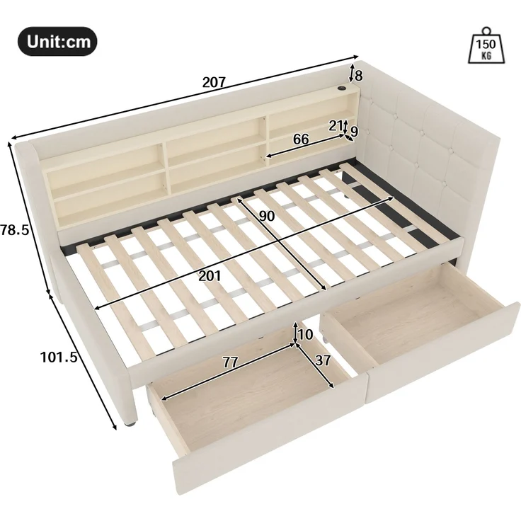 Daybett 90x200 cm mit 2 Schubladen, USB- & Typ-C-Anschlüssen, gepolstertem Leinenbezug und elegantem Knopfdesign, Beige – Bild 6