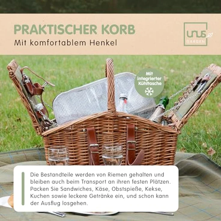 UNUS GARDEN Picknickkorb Weidenkorb für 2 Personen (Abmessung 28/40x32x48cm (HxBxL), inklusive Picknickdecke und inklusive Besteck, Geschirr, uvm. – Bild 4