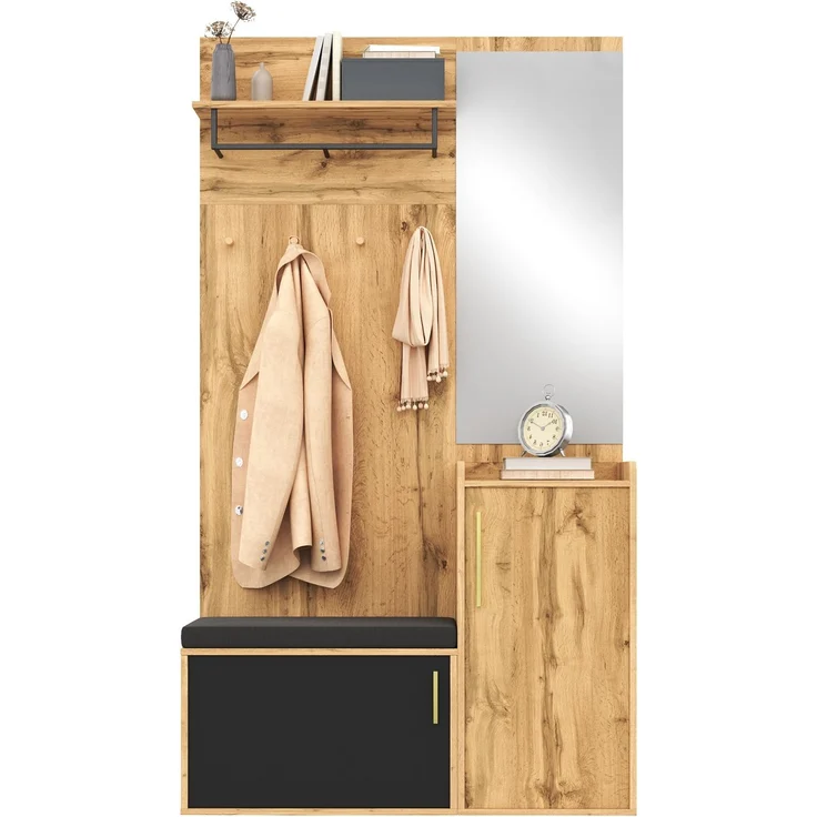 DESVIAE Garderobenschrank mit Spiegel, Sitzbank und Schuhschrank 100x185x38 cm Spanplatte Natur/Schwarz – Bild 7