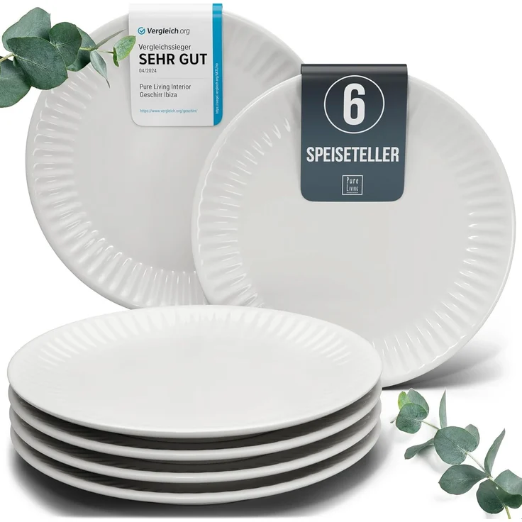 Steingut Teller Groß 6 Personen Hygge TESTSIEGER, Traumhaftes Skandinavisches Steingut Speiseteller Set, Stylisches Essteller Set, Pure Living in Hellgrau