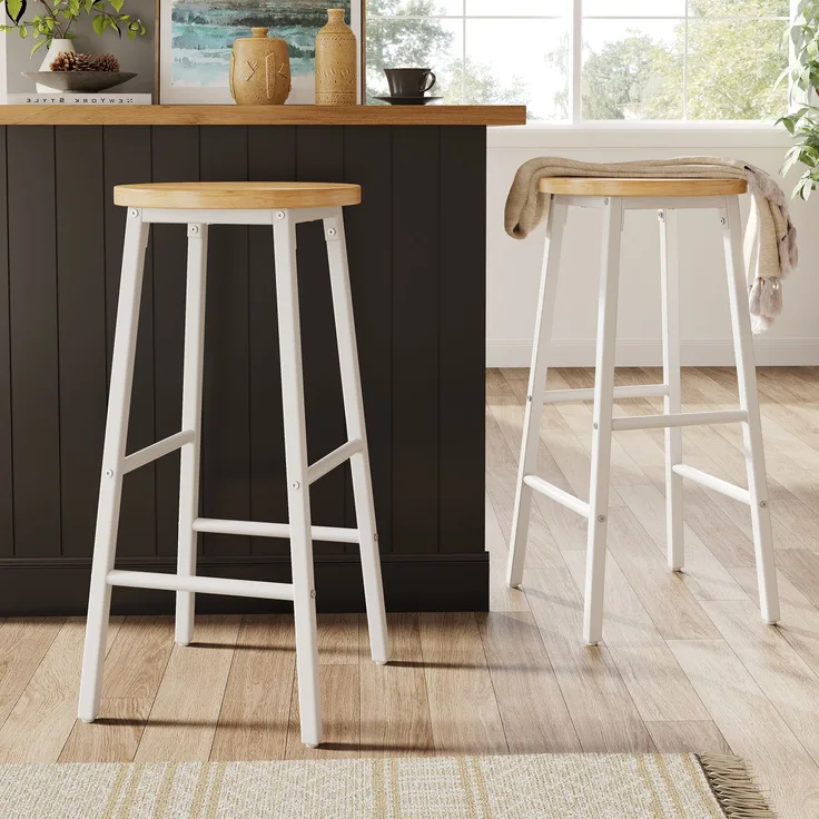 2-Set Barhocker mit Holzoptik-Sitz, 63cm, belastbar bis 150kg pro Hocker, mit zwei Fußstützen & verstellbaren Füßen, Weißer Metallrahmen--Weiß--30x30x63cm--YOUDENOVA