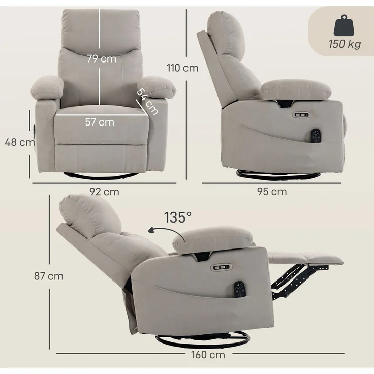 Wohnora-Elektrischer Relaxsessel mit Dreh- und Schaukelfunktion, Massage & Wärme, 3D-Armlehnen, USB-C/USB-Anschlüssen, Hellgrau,H 1100cm x T 950cm x B 920cm – Bild 4