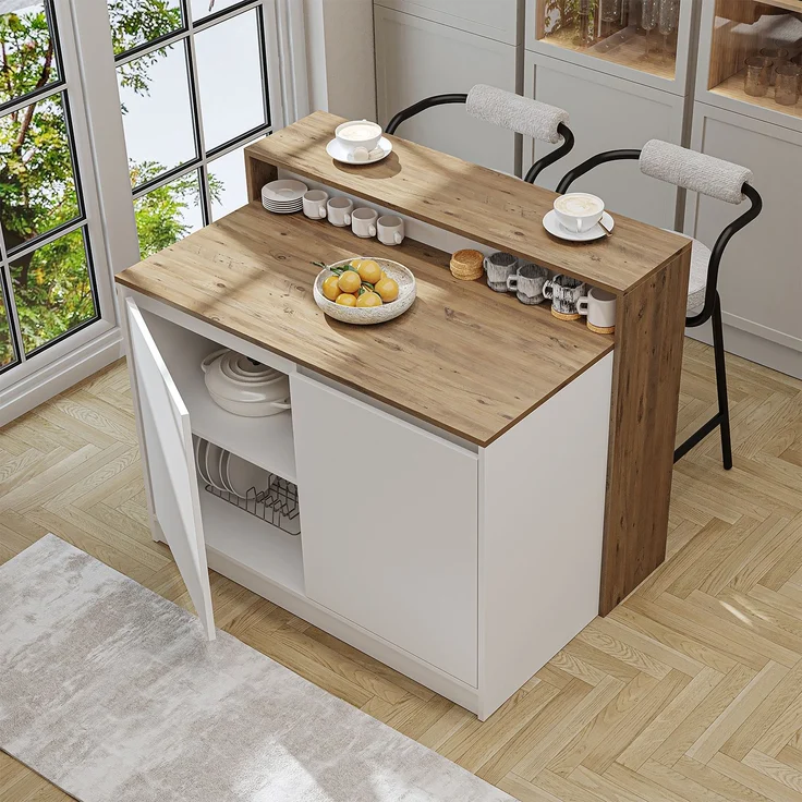Roomart Kücheninsel CORTADO – Bartisch & Küchentisch mit Stauraum – 120×100×80 cm – Modernes Design • Weiß-Eiche – Bild 1