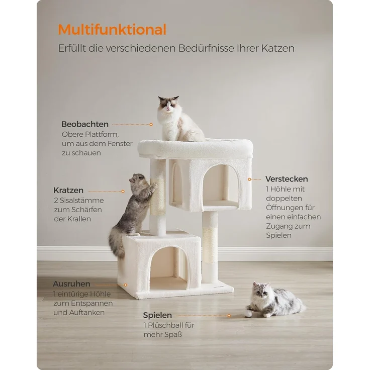 Feandrea Kratzbaum, 101 cm Katzenbaum, XL, Katzenhaus für extra große Katzen bis zu 20 kg, große Plattform, 2 Katzenhöhlen, Sisalstämme, cremeweiß PCT614T01 – Bild 4