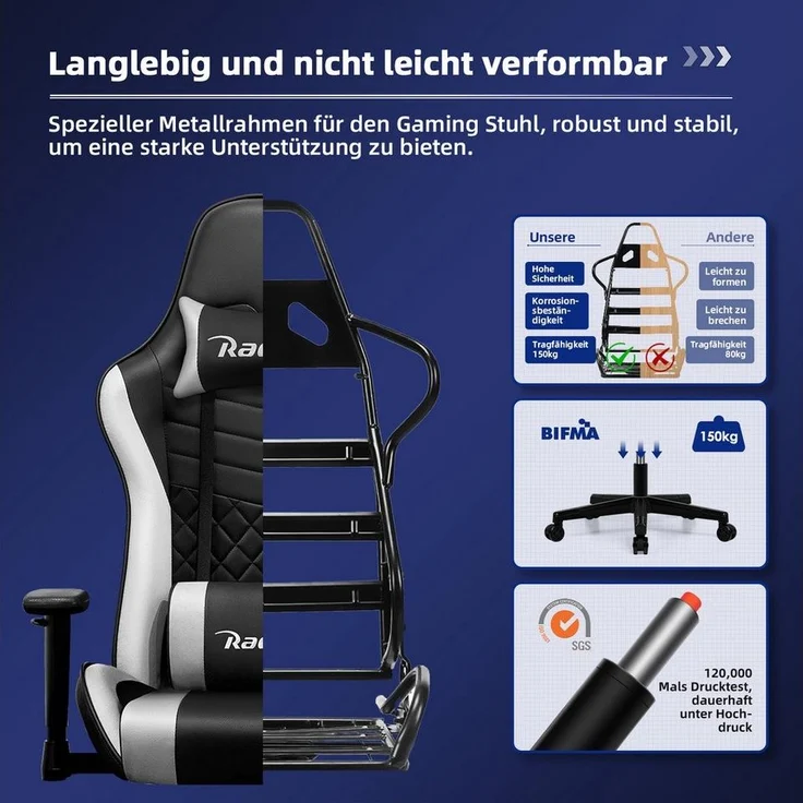 Hiazurm Gaming-Stuhl Gaming Stuhl, Bürostuhl Ergonomisch Wippfunktion bis zu 170° (Gaming Chair mit Fußstütze, 10 cm Höhenverstellung), Gepolsterten Armlehnen, Gamer Stuhl 150kg Belastbarkeit
