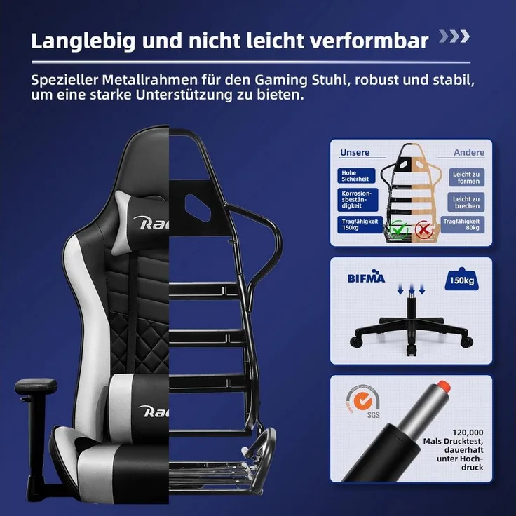 Hiazurm Gaming-Stuhl Gaming Stuhl, Bürostuhl Ergonomisch Wippfunktion bis zu 170° (Gaming Chair mit Fußstütze, 10 cm Höhenverstellung), Gepolsterten Armlehnen, Gamer Stuhl 150kg Belastbarkeit