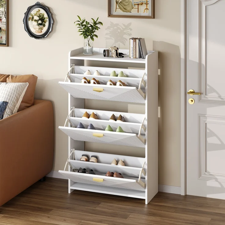 Schuhschrank 70x30x120 cm Weiß 3 Klapptüren verstellbare Trennwände gold Griffe – Bild 6