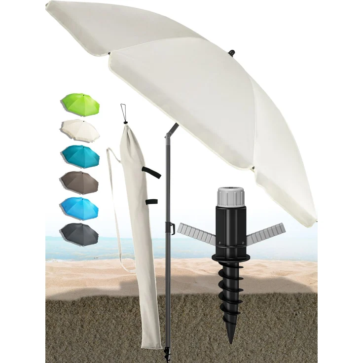 Menz Sonnenschirm Strand in Beige - Komplettes 3er-Set inkl. robustem Sonnenschirm + solider Bodenhülse + langlebiger Schutzhülle, Strandschirm windfest stabil, Strandschirm mit UV50+ Schutz