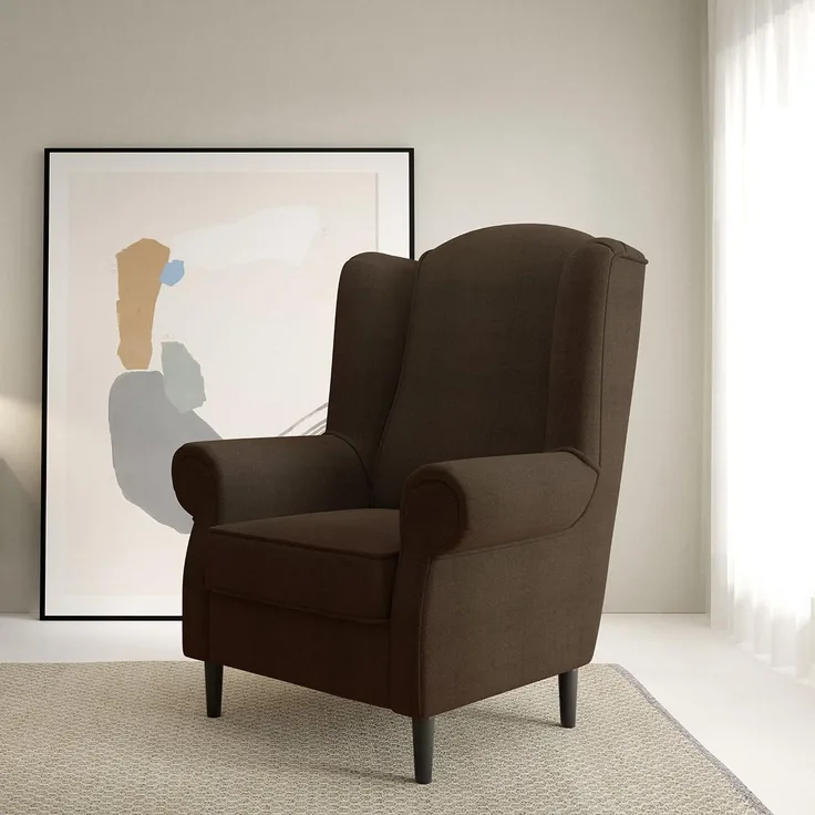 Sessel BAROS Ohrensessel, Armlehnen und ergonomische Rückenlehne, für Wohnzimmer hohe Rückenlehne Bonellfedern, schwarze Holzfüße - Stoff Alfa 08, 107 x 52 x 78 cm