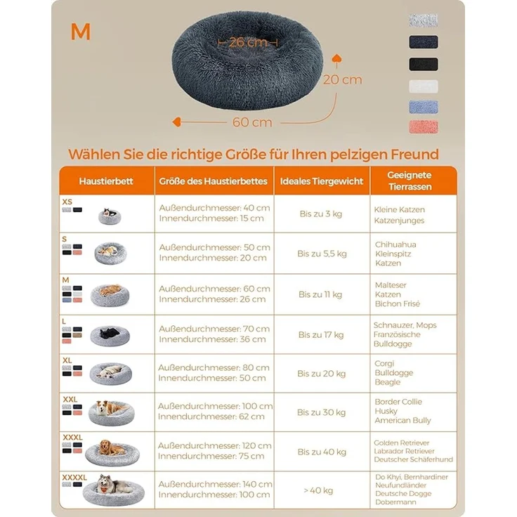 Feandrea Hundebett flauschig, Katzenbett, Donut Kissen, waschbar, Polsterung in der Mitte herausnehmbar, langer Plüsch, 60 cm Durchmesser, dunkelgrau – Bild 5