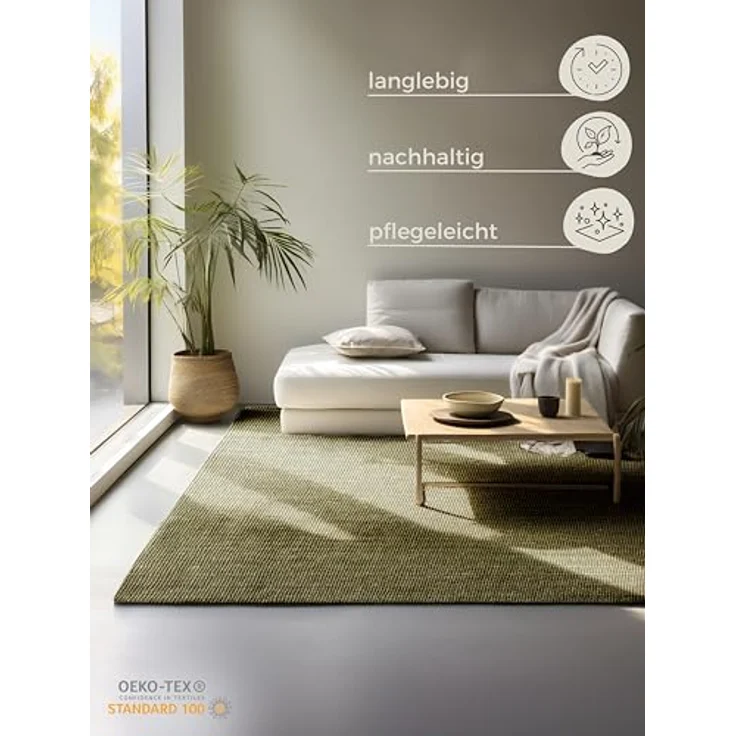 XXXL Flachwebeteppich Bouclé, Olivgrün, rechteckig, 60x90 cm, Oeko-Tex® Standard 100, pflegeleicht, beidseitig verwendbar, für Fußbodenheizung geeignet – Bild 2