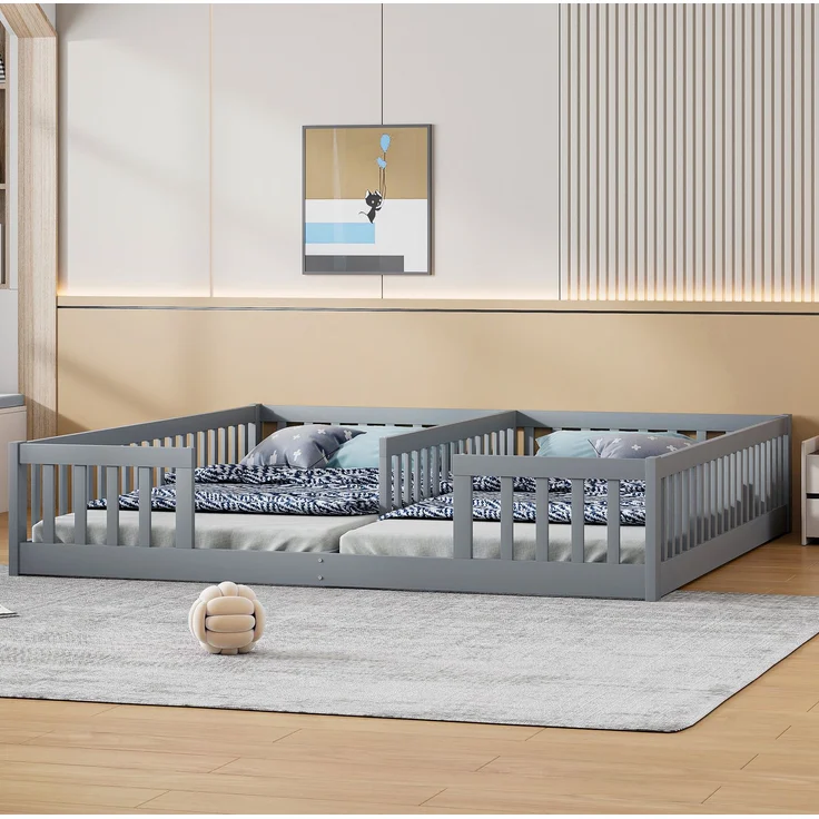 CHICFURN Bett aus Kiefernholz und MDF Grau 90x200 cm mit Sicherheitsgitter und Lattenrost – Bild 3