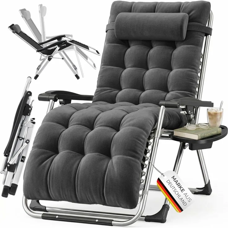 KESSER® Sonnenliege Liegestuhl Klappbar & Wetterfest, Gartenstuhl Belastbar 200kg Ergonomisches Polster Extra Breit Verstellbare Rückenlehne Gartenliege inkl. Nackenkissen & Getränkehalter, Anthrazit