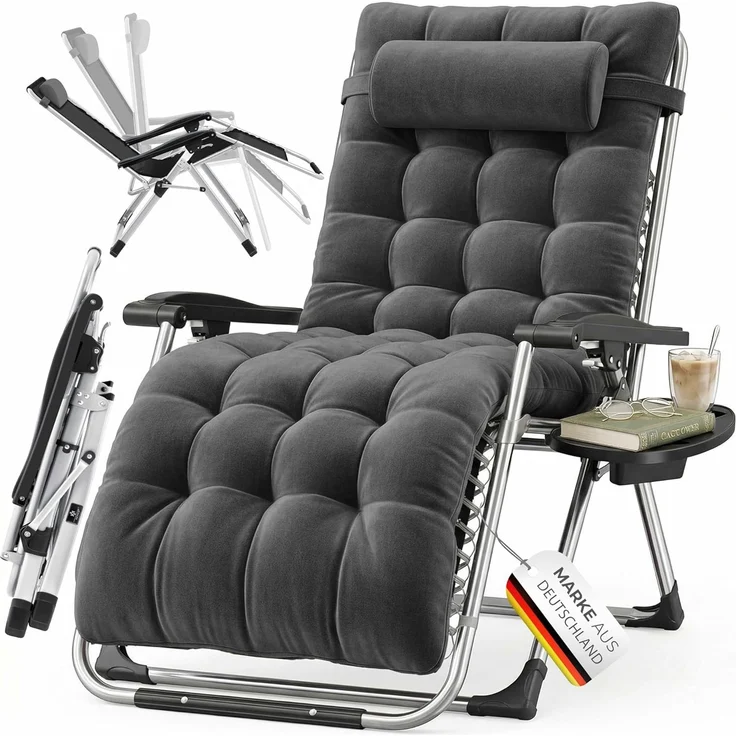 KESSER® Sonnenliege Liegestuhl Klappbar & Wetterfest, Gartenstuhl Belastbar 200kg Ergonomisches Polster Extra Breit Verstellbare Rückenlehne Gartenliege inkl. Nackenkissen & Getränkehalter, Anthrazit