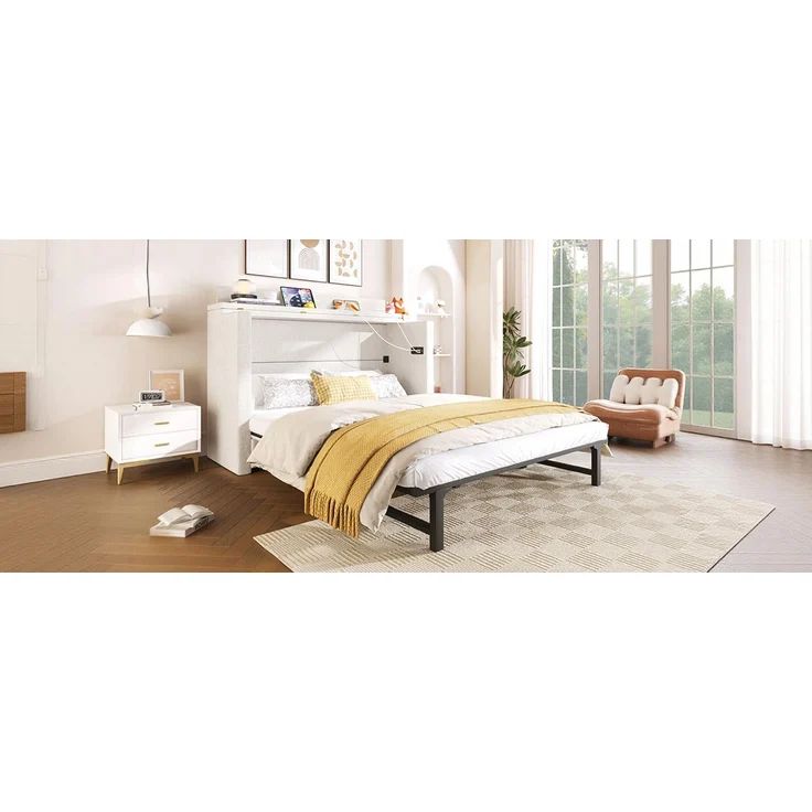 ZUBALIYA Umbaubares Plattformbett / Schrankbett, mit einer Schublade und mobiles Schrankbett mit Ablagefach am Bett, 140 x 200, Leinen, Beige, fürs Schlafzimmer, Samt – Bild 25