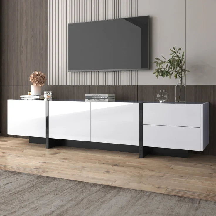 TV-Schrank 190x45x35 cm in Hochglanz Weiß und Schwarz mit Türen und Schubladen – Bild 4