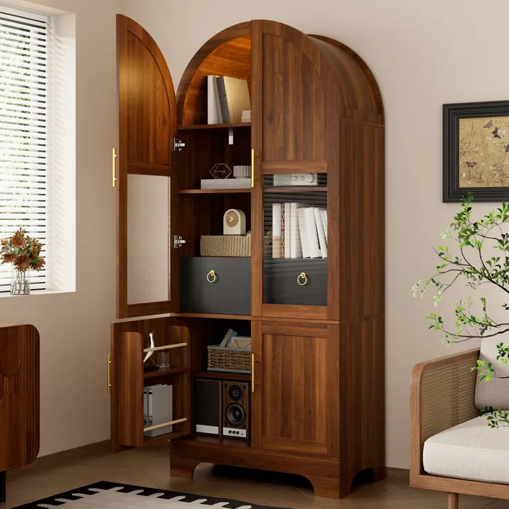 Vitrine 76 x 40 x 180 cm aus MDF und Spanplatte, mit Bogenfront, Glas und LED-Beleuchtung