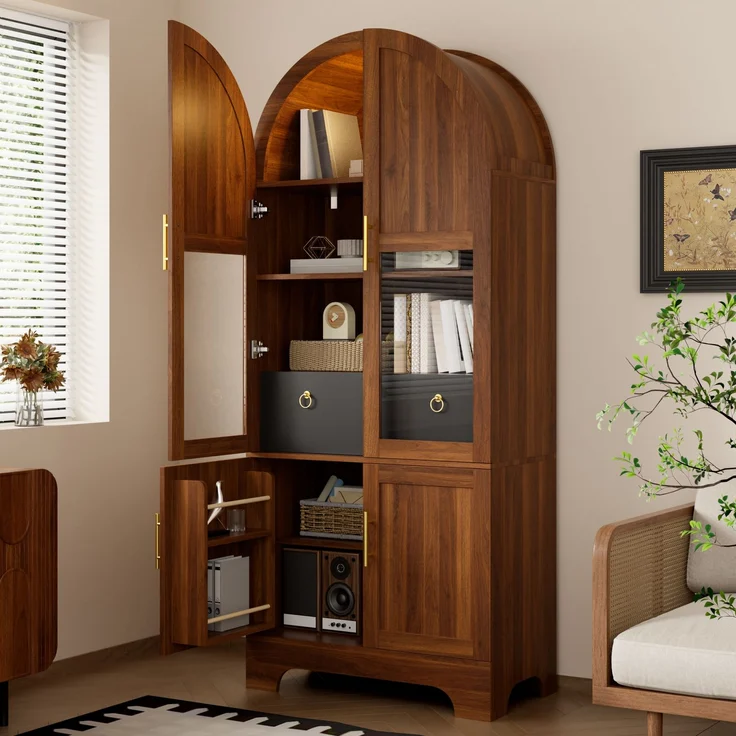 Vitrine 76 x 40 x 180 cm aus MDF und Spanplatte, mit Bogenfront, Glas und LED-Beleuchtung – Bild 1