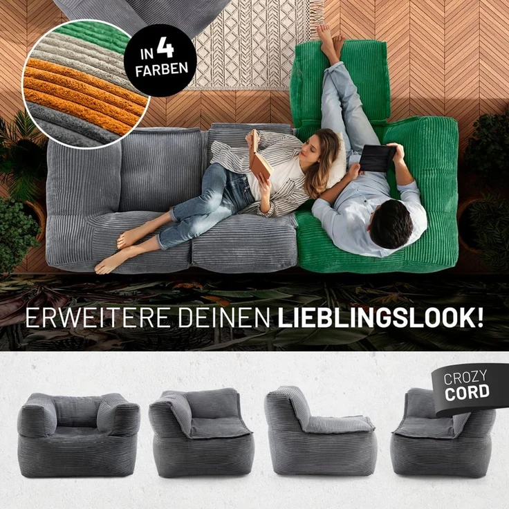 Lumaland Sitzsack-Sofa, Polyester, Pouf, Cord - Grau, 40 x 54 x 54 cm – Bild 9